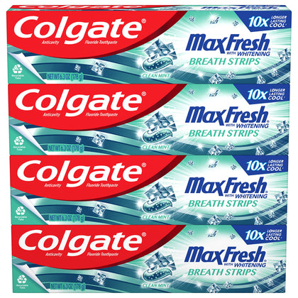 Colgate Max Fresh Whitening Toothpaste with Mini Strips, Clean Mint Toothpaste for Bad Breath, Helps Fight Cavities, Whitens Teeth, and Freshens Breath, 4 Pack, 6.3 Oz Tubes