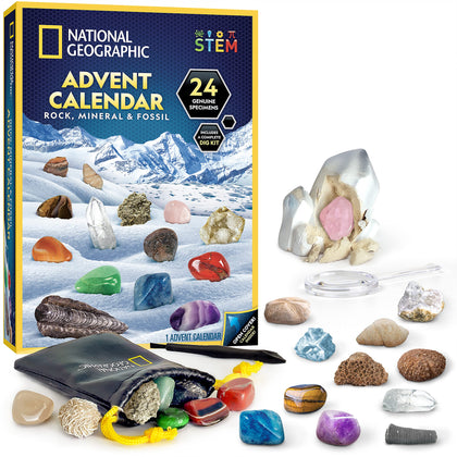 NATIONAL GEOGRAPHIC Rock Collection Advent Calendar 2023 with 24 Gemstones, Minerals & Fossils for Kids, Complete Gem & Fossil Collection Christmas Countdown Calendar
