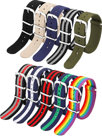 meekoo 10 Pieces Nylon Watch Strap Military Replacement Watch Band with Stainless Steel Buckle for Men and Women's Watch Band Replacing, 18 mm (Classic Colors)