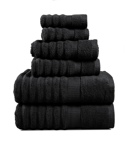 LANE LINEN Luxury Ribbed Bath Towels - 100% Cotton Towels for Bathroom, Zero Twist, Soft Textured, Extra Absorbent, Quick Dry, 2 Bath Towels, 2 Hand Towels, 2 Wash Cloths - Black (6 Piece Set)