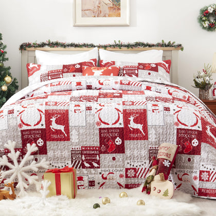 HHgoly Christmas Quilts Set Queen Size, Soft Reversible Quilted Christmas Bedspread Coverlet Lightweight Full/Queen Quilt Bedding Sets with Xmas Santa Tree Snowman Red Plaid Patchwork Pattern