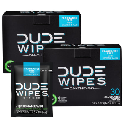 DUDE Wipes - On-The-Go Flushable Wipes - 2 Pack, 60 Wipes - Unscented Extra-Large Individually Wrapped Adult Wet Wipes - Vitamin E & Aloe - Septic and Sewer Safe