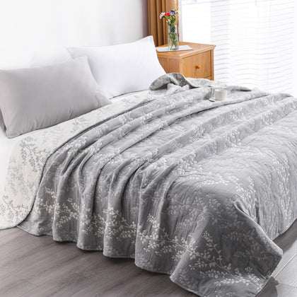 NTBAY 3 Layers Cotton Muslin 106x92 King Bed Blanket, Super Soft Breathable Thermal Yarn Dyed Quilt for Adults, Perfect Lightweight Blanket for Couch Sofa Bed All Seasons, Grey Tree