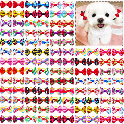 Mruq pet 100pcs Pet Dog Bows, Bulk Dog Hair Accessories Bows with Rubber Bands 1.37x0.98 inch, Handmade Yorkie Dog Hair Grooming Small Size Bows, Mix Puppy Dog Bowknot for Small Dogs Cats