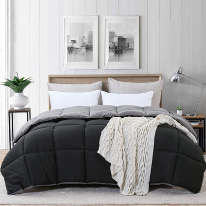 Ousidan Reversible Comforter Twin Size Down Alternative Quilt with Corner Tabs,Brushed Microfiber Cover Black/Dark Grey Comforter,Machine Washable,68x90Inches