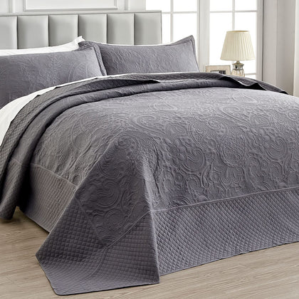 Qucover Oversized King Bedspreads 120x120, Paisley Pattern California King Bedspread Dark Grey, Soft Microfiber Ultrasonic Lightweight Oversized King Quilts Coverlet Bedding for All Seasons
