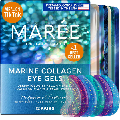 MAREE Eye Gel Pads - Under Eye Wrinkle Patches for Puffy Eyes and Dark Circles with Natural Marine Collagen & Hyaluronic Acid - Anti-Aging Eye Mask for Face to Soothe Puffiness, Eye Bags and Wrinkles