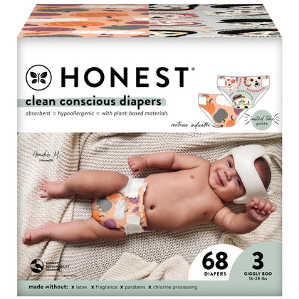 The Honest Company Clean Conscious Diapers | Plant-Based, Sustainable | Fall '23 Limited Edition Prints | Club Box, Size 3 (16-28 lbs), 68 Count