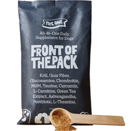 FRONT OF THE PACK The One Dog Food Supplement Powder - Allergy and Itch Relief, Digestive Support, Brain Support & Joint Booster with Glucosamine Chondroitin for Dogs