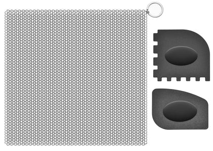 SUBEKYU Anti-Scratch Cast Iron Scrubber with Pan and Grill Scrapers, 316 Stainless Steel Chain Mail Scrubber Cast Iron Cleaner, Metal Cleaning Kit Tools Include Chainmail Scrubber, 6