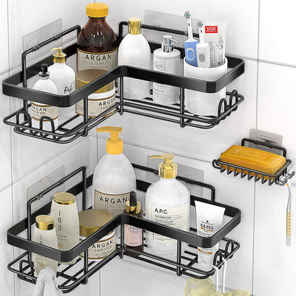 Moforoco Adhesive Corner Shower Caddy, 3 Pack Organizer Shelf with Soap Holder and 12 Hooks, Shelves Rustproof for Bathroom, Storage Basket Bathroom Accessories(Black)