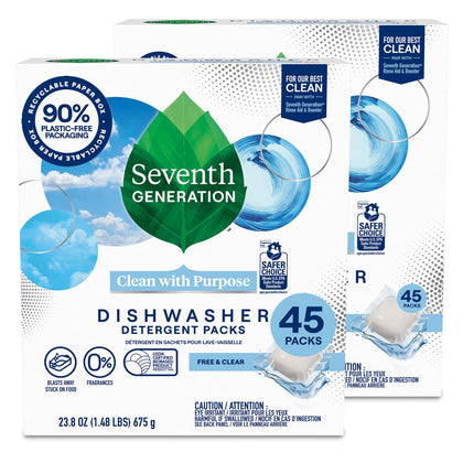 Seventh Generation Dishwasher Detergent Packs for Sparkling Dishes Free & Clear Dishwasher Tabs 45 Count, Pack of 2 (Packaging May Vary)