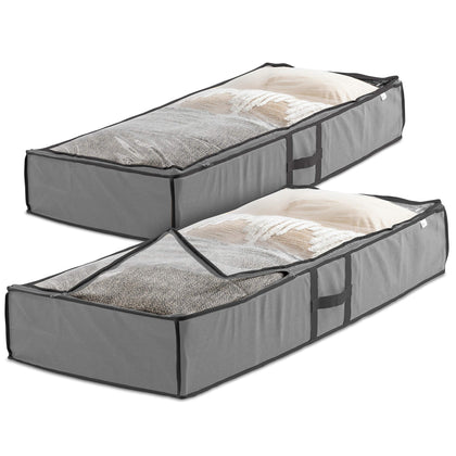 Zober Under Bed Storage - Pack of 2 Under Bed Storage Containers for Clothes, Blankets, Winter Clothing, & Shoes - Under The Bed Storage with Handles, Dual Zippers, & Clear Top (Gray)