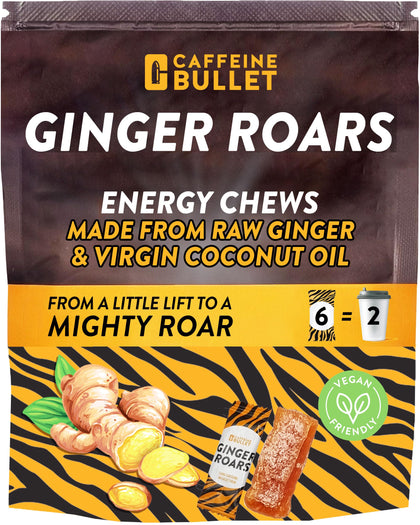 Ginger Roars - Caffeine Ginger Chews - 12 Caffeine Candies Each 33mg Caffeine with a Delicious Natural Honey Ginger Flavour & Fiery hint. Plant Based Energy Shots, a Vegan Healthy Snack for Adults.