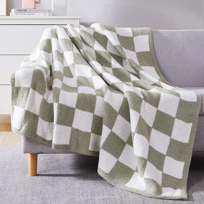 WRENSONGE Checkered Throw Blanket, Sage Green Microfiber Soft Cozy Fluffy Warm Hand Made Throw Blankets for Couch, Sofa, Chair, Bed, Camping, Picnic, Travel Lightweight Bed Blanket - 50
