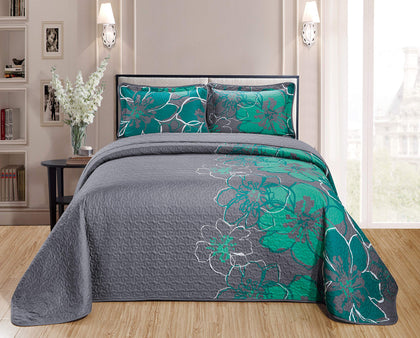 Home Collection Quilt Bedspread Set Over Size Flowers Printed Grey Turquoise King/California King New