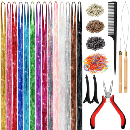 Hair Tinsel Kit (48 Inch,14 Colors, 3500 strands), Tinsel Hair Extensions with Tools, Heat Resistant Fairy Hair Tinsel Kit for Women Girls Hair Accessories