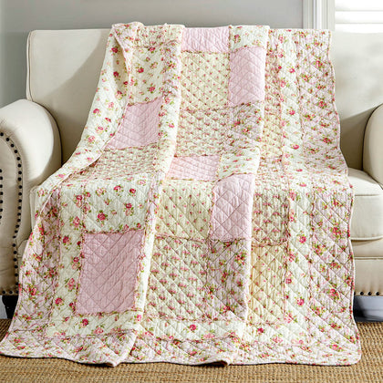 Reaowazo Qucover Pink Floral Quilted Blanket 100% Cotton Floral Patchwork Quilts Single Bedspread Throw for Couch Beds 59x79 Inch