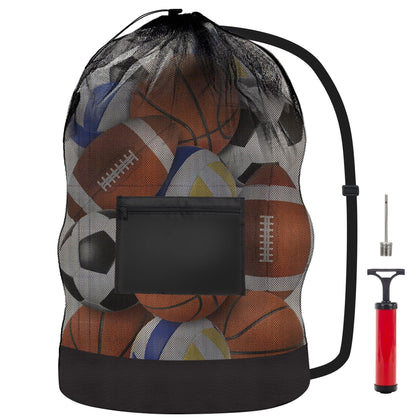 WNJ Extra Large Sports Ball Bag, Mesh Soccer Basketball Team Bag, Comes with a Ball Pump, Adjustable Shoulder Straps, Drawstring Sport Equipment Storage Bag for Football, Volleyball, Swimming Gear