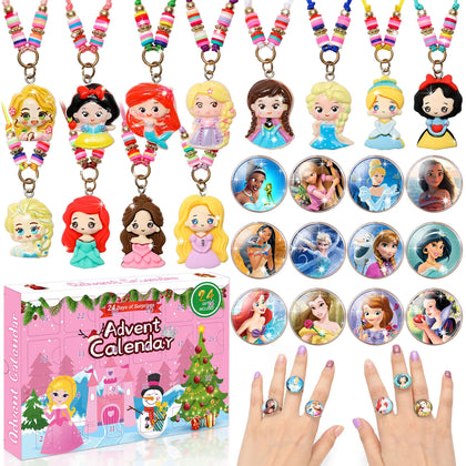 Christmas Advent Calendar 2023, 12Pcs Princess DIY Necklace Making Kit and 12Pcs Princess Rings, 24 Days Countdown Calendar Christmas Gift for Girls