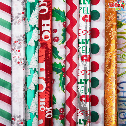 JOYIN Holiday Tissue Paper Assortment (Ten Colors), 150-Piece Set Christmas Design Solid, Holiday Holographic and Printed Gift Tissue Paper Assortment (20