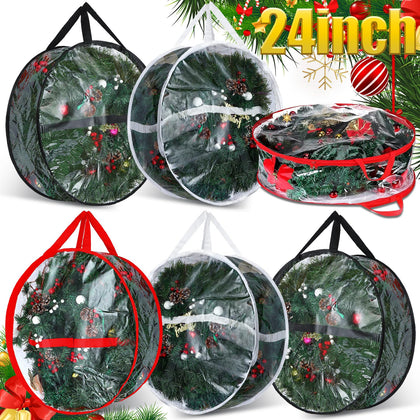 Zhengmy 6 Pcs Clear Christmas Wreath Storage Bag Wreath Storage Container With fixing strap Wreath Storage Box with Handles for Storing Garland Holiday Wreath Wrapping(24 Inches)