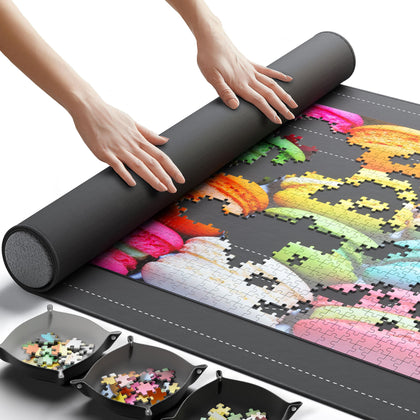Newverest Jigsaw Puzzle Mat Roll Up, Saver Pad 46 x 26 Portable Keeper Up to 1500 pieces with Non-Slip Rubber Bottom and Smooth Polyester Top + 3 Puzzle Sorting Trays and Travel-Friendly Storage Bag