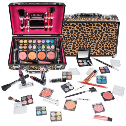 SHANY Carry All Makeup Train Case with Pro Makeup Set, Makeup Brushes, Lipsticks, Eye Shadows, Blushes, Powders, and more - Reusable Makeup Storage - Premium Gift Packaging - Leopard