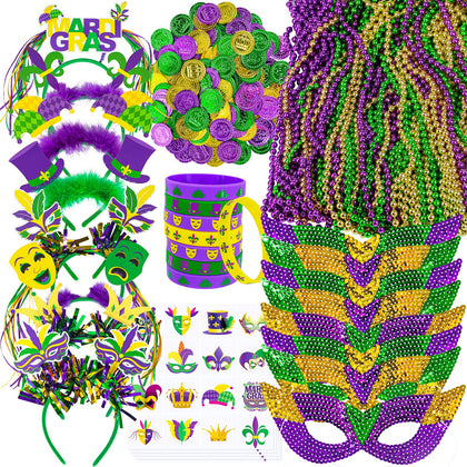 Winlyn 128 Pcs Mardi Gras Accessories Set Bulk Party Favors Supplies Mardi Gras Beads Necklaces Coins Head Boppers Bracelets Tattoos Purple Green Gold for Mardi Gras Masquerade Parade Décor