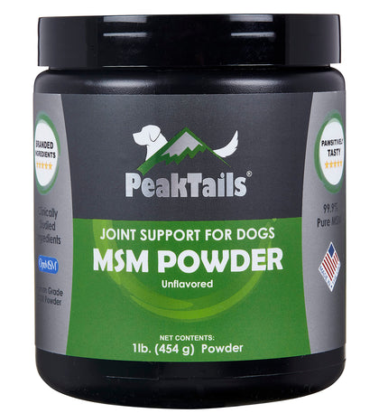 PeakTails MSM Powder for Dogs, 1 lb, Hip and Joint Support Supplement, 99.9% Pure Distilled MSM, Made in The USA