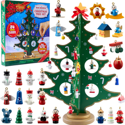 JOYIN Christmas 24 Days Countdown Advent Calendar with a Tabletop Wooden Christmas Tree and 28 Ornaments Snowman Santa Decorations for Boys, Girls and Kids Party Favors, Classroom Prizes, Xmas Gift