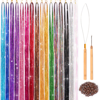 16 Colors Hair Tinsel Kit, 48 Inches 3300 Strands Tinsel Hair Extensions, Fairy Hair Tinsel for Christmas Halloween Cosplay Party, Highlights Sparkling Glitter Hair