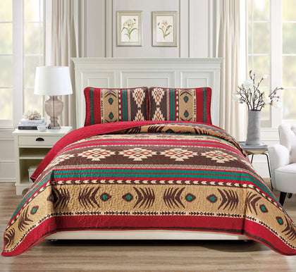 Rugs 4 Less Western Southwestern Native American Tribal Navajo Design Oversize Quilted Bedspread in Brown Green and Burgundy Mojave (King/Cal-King)