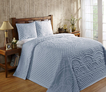 Better Trends Chenille Bedspreads Set Full/Double Size, Trevor Collection Medallion Design in Blue - Lightweight bedspreads, 100% Cotton Tufted Cotton Bedspreads