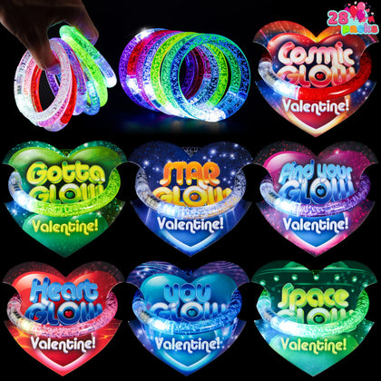 JOYIN 28 Packs Valentine's Day Gift Cards with Flashing LED Bracelets for Valentine Light Up Party Favor Toy, Valentine's Classroom Gift Exchange, Kids and Adults, Glow Accessories