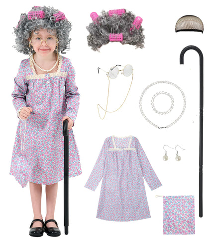 Cotton Girls 100 days of school costume Grandma dress Halloween Little Old Lady Costume for kids (1 Floral, 9)