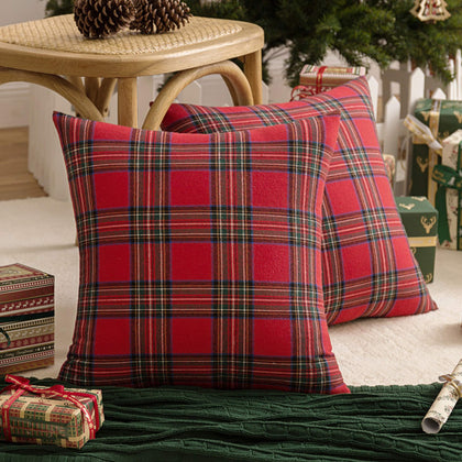 AQOTHES Pack of 2 Christmas Plaid Decorative Throw Pillow Covers Scottish Tartan Cushion Case for Farmhouse Home Holiday Decor Red and Green, 20 x 20 Inches