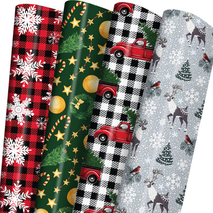 GIOLNIAY Christmas Wrapping Paper for Men Women Kids - Holiday Gift Wrap Contain Red & Black Plaid with Truck, Black & White Plaid with Snowflake, Green Tree, Xmas Design - 6 Jumbo Sheets - Recyclable, High Gloss, Easy to Store, Not Roll