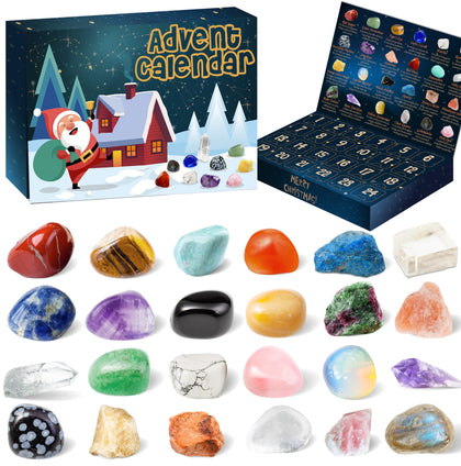 Advent Calendar 2023, 24 Kinds Rock Collection Natural Crystal Gemstone Advent Calendar, Chakra Crystals and Healing Stones Set for Beginners, Christmas Gifts for Kids, Girls, Boys, Adults, Women