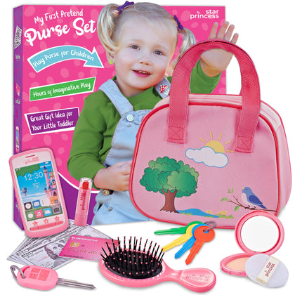 Toddler Play Purse for Kids Ages 3-5 4-5, Purse Toys for 3-4 Year Old Girls with Pretend Makeup, Keys, Smartphone, Dress Up Toy Purse for Toddlers Age 3 4 5 6 - Birthday Gift for Little Toddler Girls