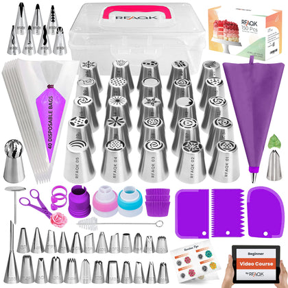 RFAQK 150PCs Russian Piping Tips Complete Set - Cookie,Cupcake Decorating Supplies Kit -Cake Piping Tips Set(24 Icing Tips+25 Russian+7 Ruffle+Leaf&Ball+41 Pastry Bags+EBook)