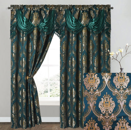 GOHD Luxe Love. Jacquard Window Curtain Panel Drape with Attached Fancy Valance. 2pcs Set. (Hunter Green, 54