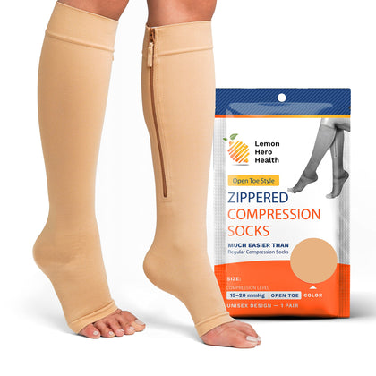 Lemon Hero Medical Compression Socks - Open Toe 15-20 mmHg Zipper Compression Stockings for Men and Women - Lightweight compression socks for Pregnant Women & Nurses - Large, Beige [1 Pair]