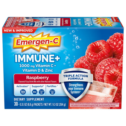 Emergen-C Immune+ Triple Action Immune Support Powder, BetaVia (R), 1000mg Vitamin C, B Vitamins, Vitamin D and Antioxidants, Raspberry - 30 Count