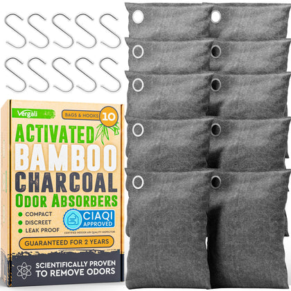 Activated Charcoal Odor Absorber 10x3.5oz w Hooks. Nature Fresh Bamboo Charcoal Air Purifying Bag. Home Car Closet Air Freshener Deodorizer Strong Odor Eliminator for Room, Drawer Smoke Smell Remover