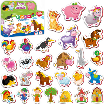 Little World Large Set of 27 Foam Fridge Magnets for Toddlers 1-3 - Learning Refrigerator Magnets for Kids - Baby Magnets for Refrigerator - Farm Magnetic Animals Toys - Animal Magnets for Babies