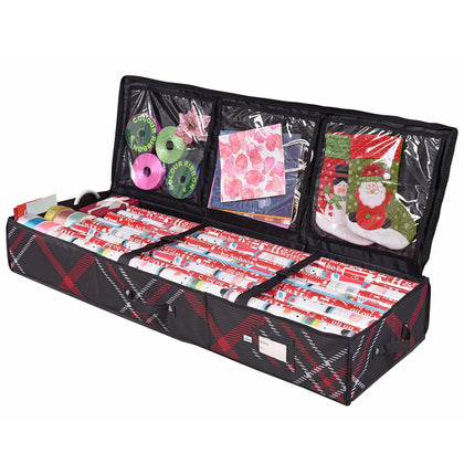 Propik Wrapping Paper Storage Container | Gift Wrap Organizer Under Bed | 41x14x6 | Box Holder for 18-24 Rolls Up to 40 | 600D Oxford Material | Pockets for Ribbon, Bows and Accessories (Plaid)