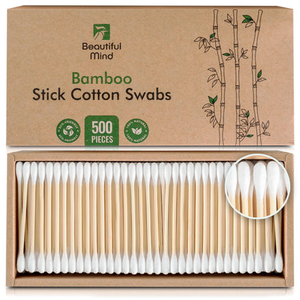 Updated 2.0 - Organic Bamboo Cotton Swabs - Value Pack of 500 - Eco-Friendly, Biodegradable - Vegan, Non Plastic Qtips- Kraft Paper Box (Drawer Box)