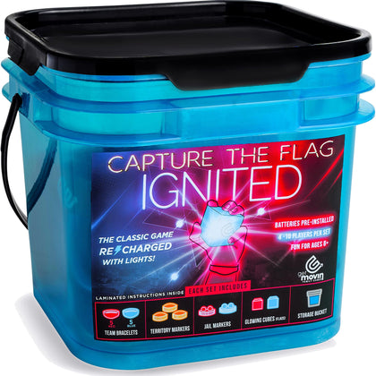 GETMOVIN SPORTS Capture The Flag Ignited Kit with Glow-in-The-Dark LED Game Pieces and Storage Bucket Outdoor Yard Game Fun!