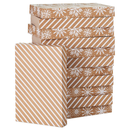 Hallmark Kraft Shirt Box Bundle (12 Boxes: White Snowflakes and Stripes on Kraft) for Christmas, Hanukkah, Birthdays, Weddings and More
